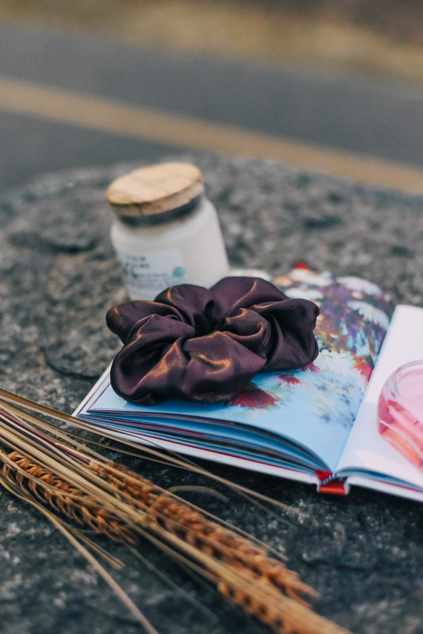 "Premium scrunchie with calming scent for style and relaxation."